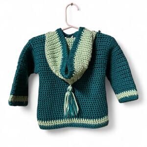18m-2t toddler Handmade crochet hooded sweater with green and teal tones